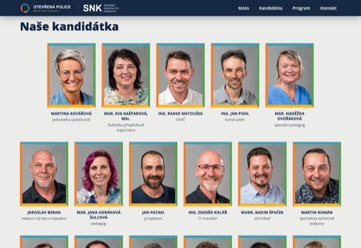 Náhled webu otevrenapolice.cz — sekce s kandidátkou